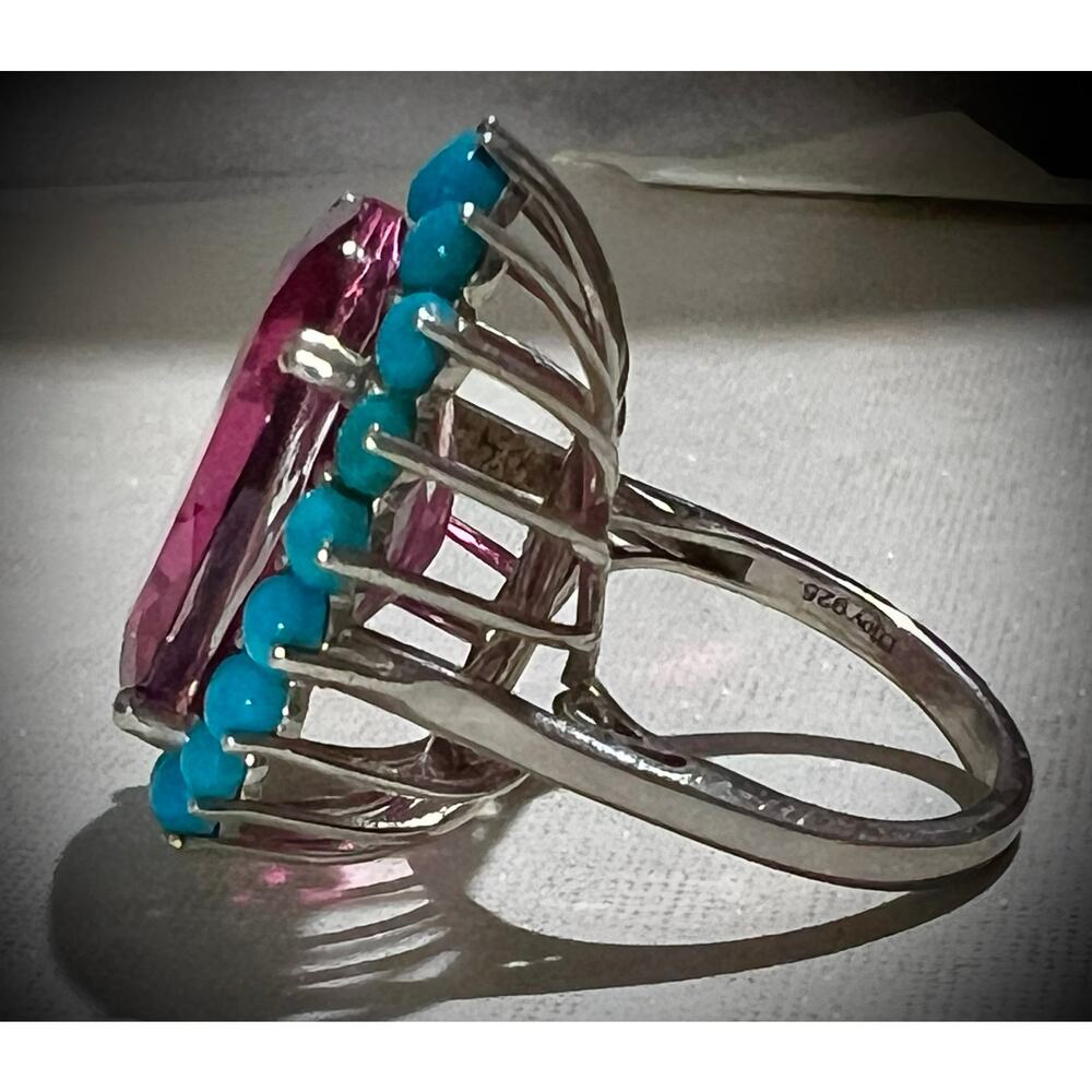 Pink Topaz & Sleeping Beauty Turquoise Halo Ring 925 Silver Sz 7 - Picture 4 of 7